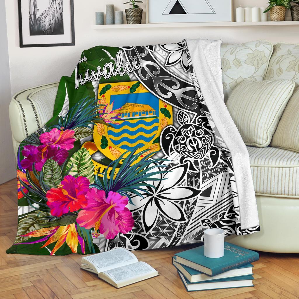 Tuvalu Premium Blanket White - Turtle Plumeria Banana Leaf - Polynesian Pride