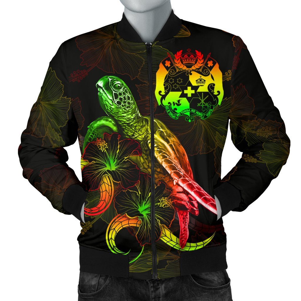 Tonga Polynesian Men's Bomber Jacket - Turtle With Blooming Hibiscus Reggae Reggae - Polynesian Pride