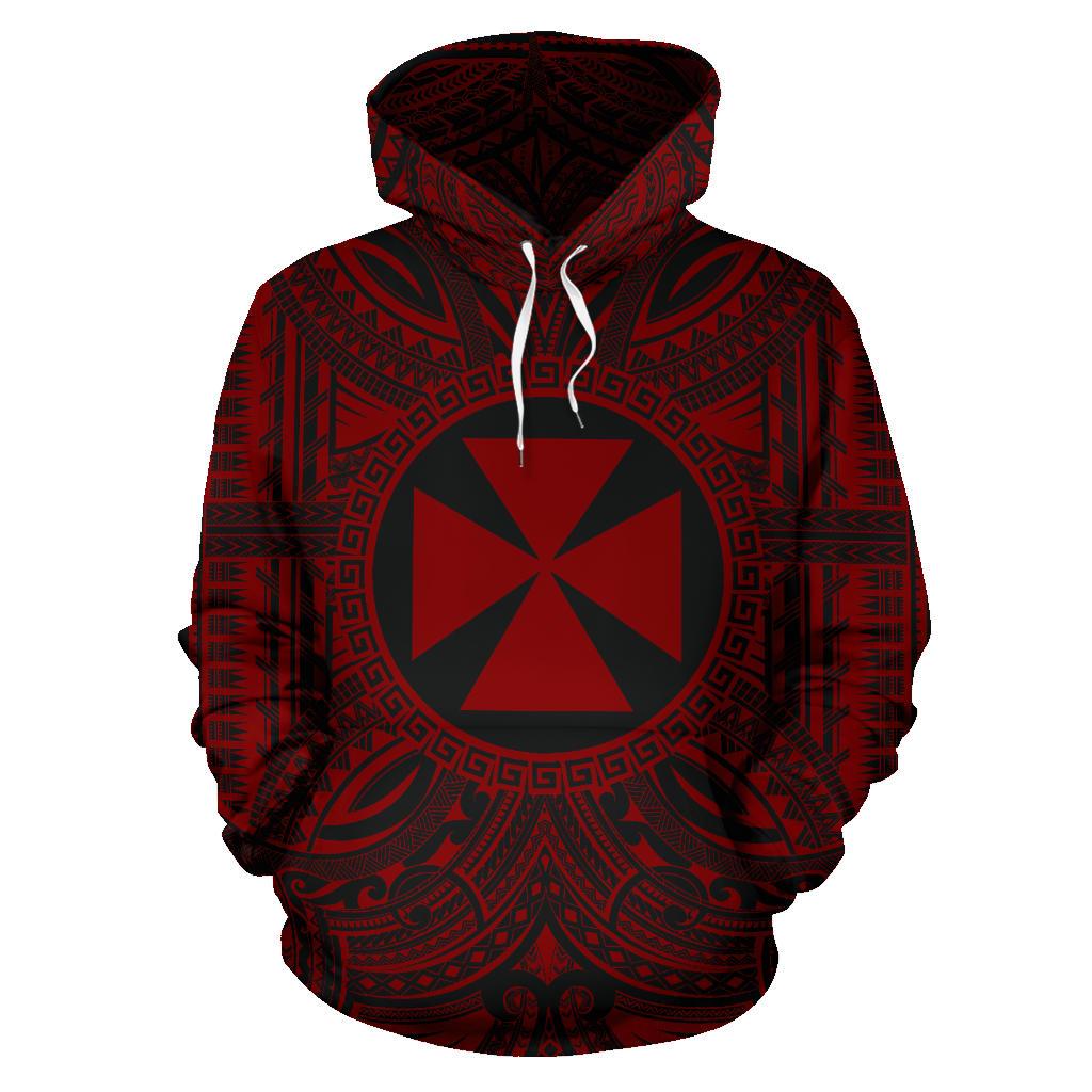 Wallis nd Futuna ll Over Hoodie Wallis nd Futuna Coat of rms Polynesian Red Black Unisex Red - Polynesian Pride