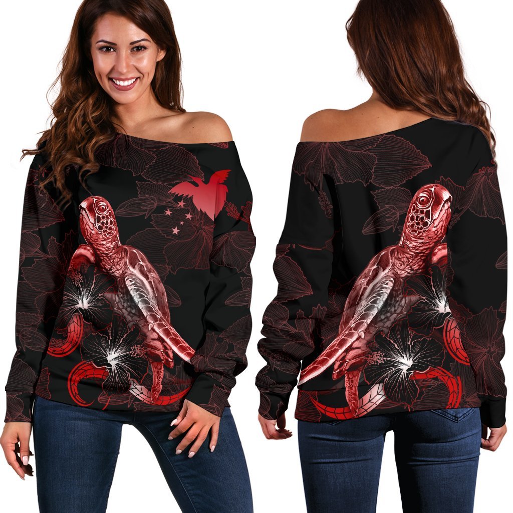 Papua New Guinea Polynesian Women's Off Shoulder Sweater - Turtle With Blooming Hibiscus Red Red - Polynesian Pride