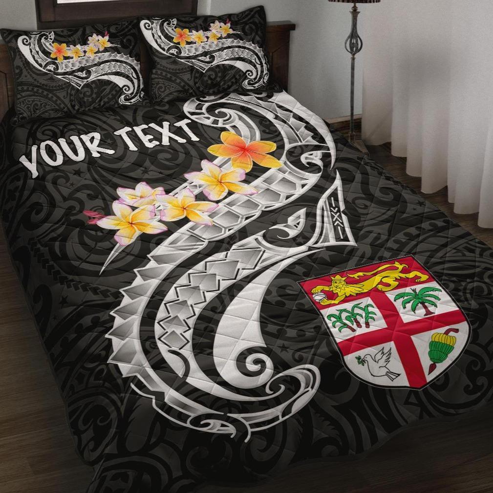 Fiji Custom Personalised Quilt Bed Set - Fiji Seal Polynesian Patterns Plumeria (Black) Black - Polynesian Pride