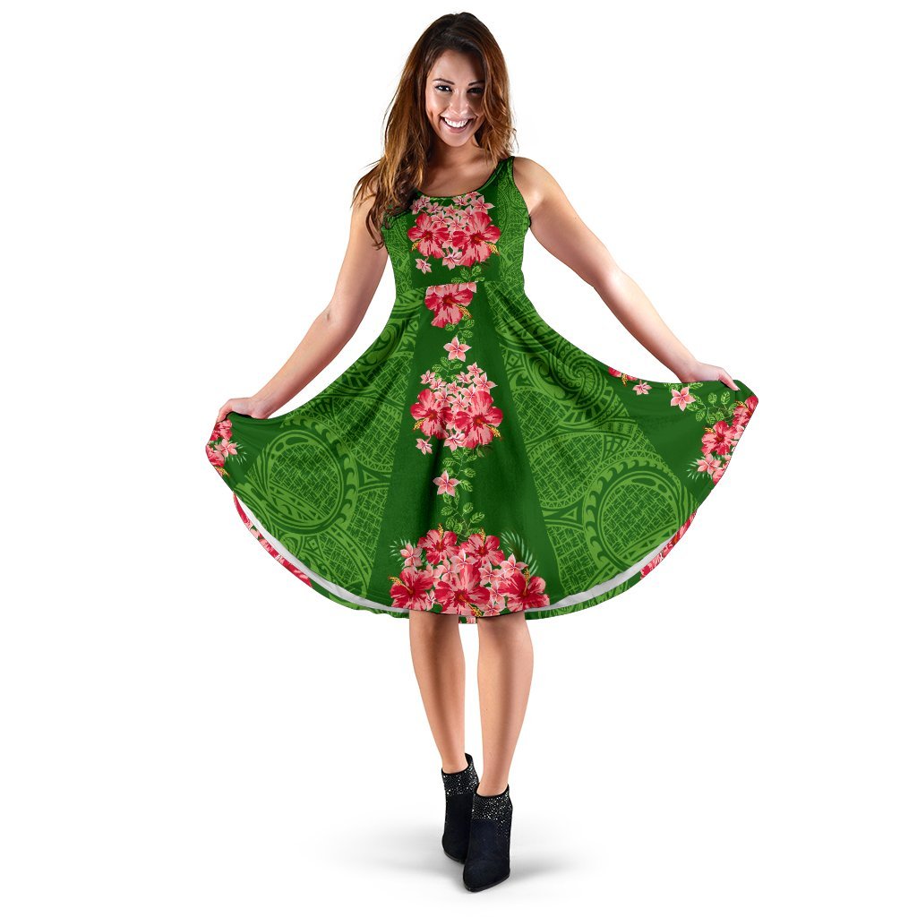 Hawaii Tropical Flowers Polynesian - Hawaiian Midi Dress - Curtis Style Midi Dress Green - Polynesian Pride