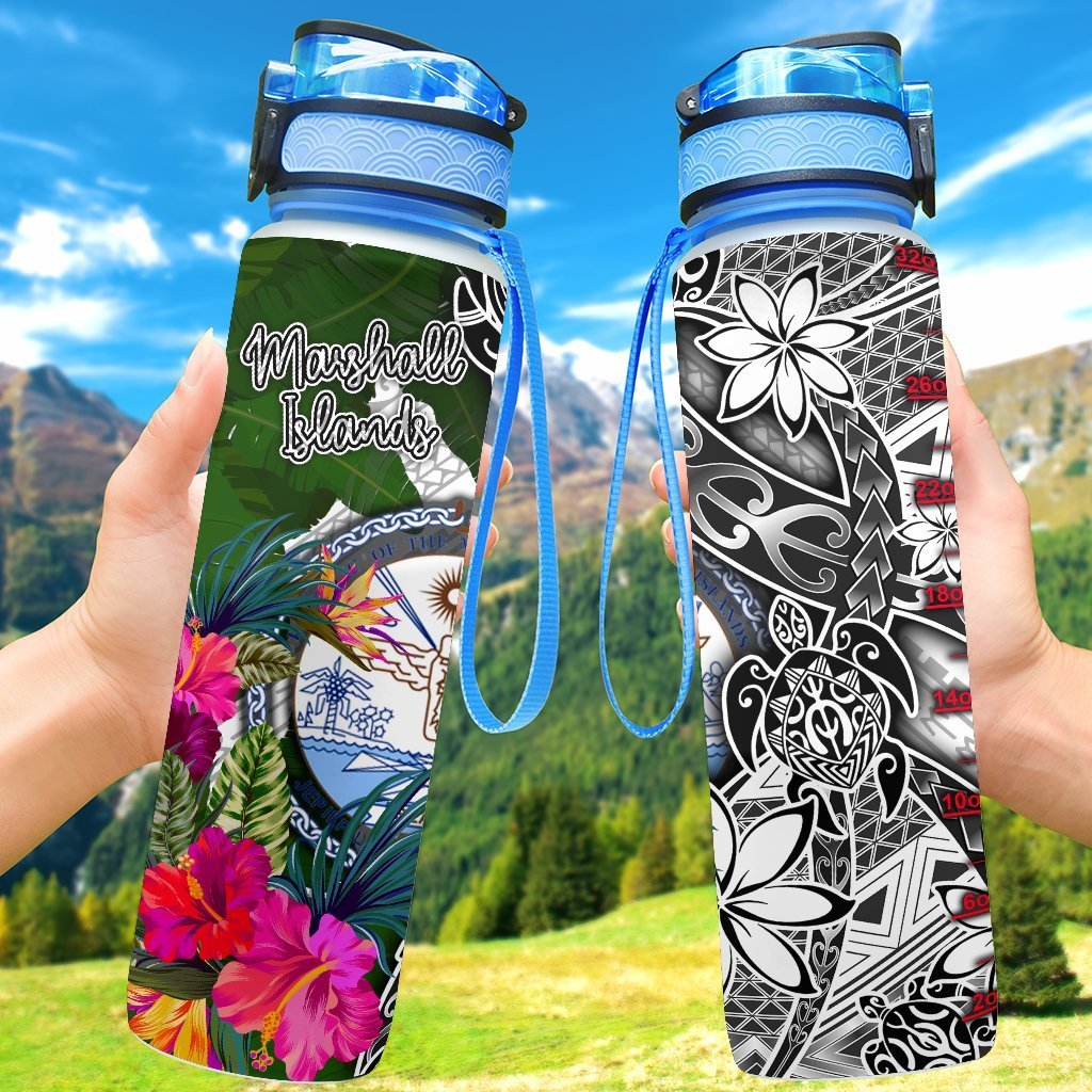 Marshall Islands Hydro Tracking Bottle White - Turtle Plumeria Banana Leaf Crest Hydro Tracking Bottle 32oz Large White - Polynesian Pride