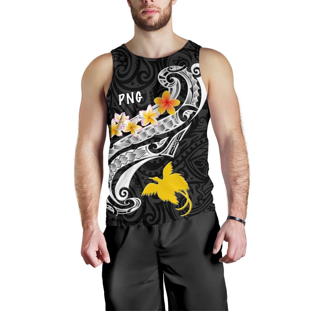 Papua New Guinea Men's Tank Top - PNG Seal Polynesian Patterns Plumeria (Black) - Polynesian Pride