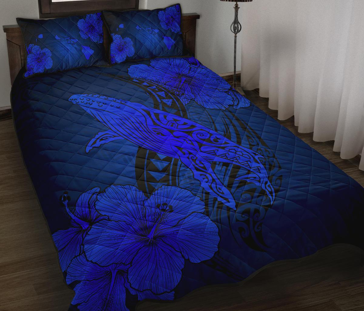 Hawaiian Whale Swim Hibiscus Polynesian Quilt Bedding Set - Blue - Polynesian Pride