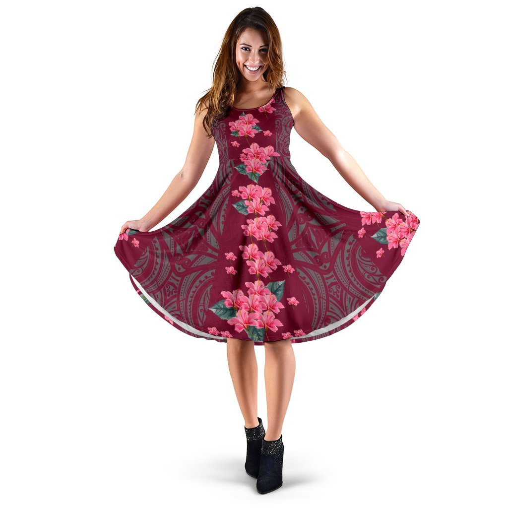 Hawaii Hibiscus Flowers Polynesian - Hawaiian Midi Dress - Curtis Style Midi Dress Pink - Polynesian Pride