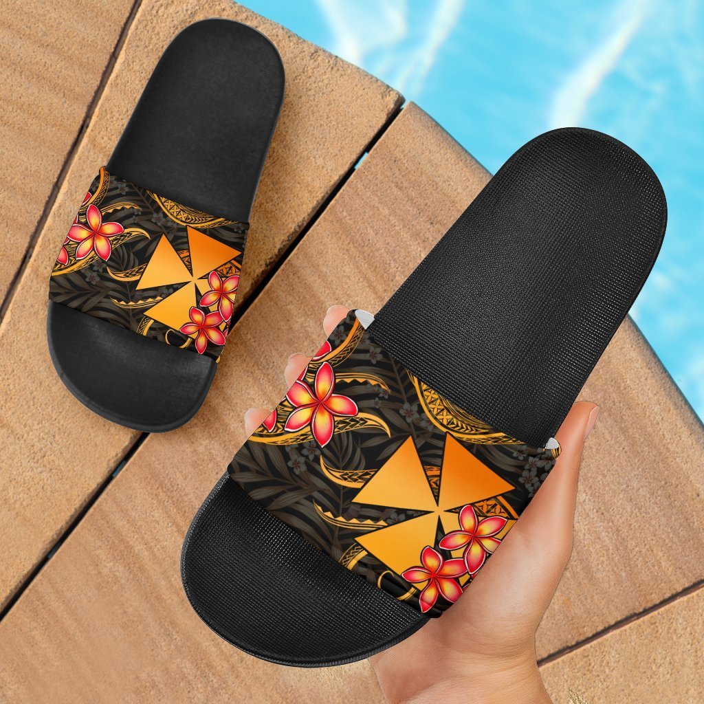 Wallis and Futuna Slide Sandals - Gold Plumeria Black - Polynesian Pride