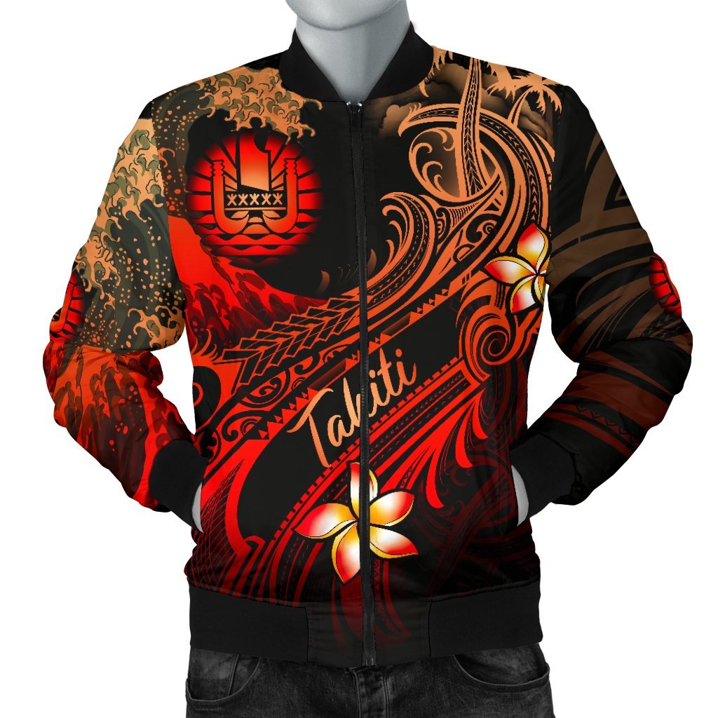 Tahiti Polynesian Men's Bomber Jacket - Plumeria Flowers And Waves Red - Polynesian Pride