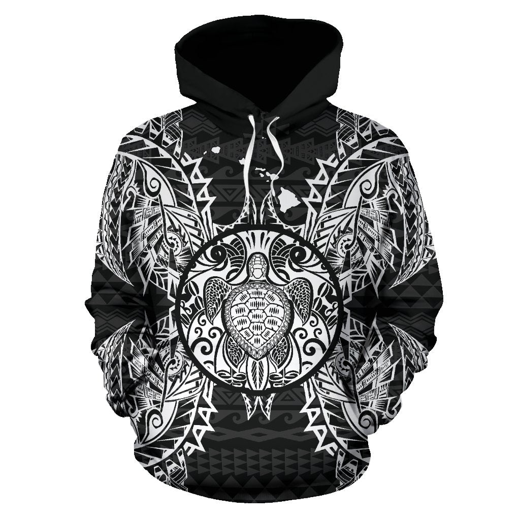 Polynesian Hawaii ll Over Hoodie Map Turtle Black - Polynesian Pride