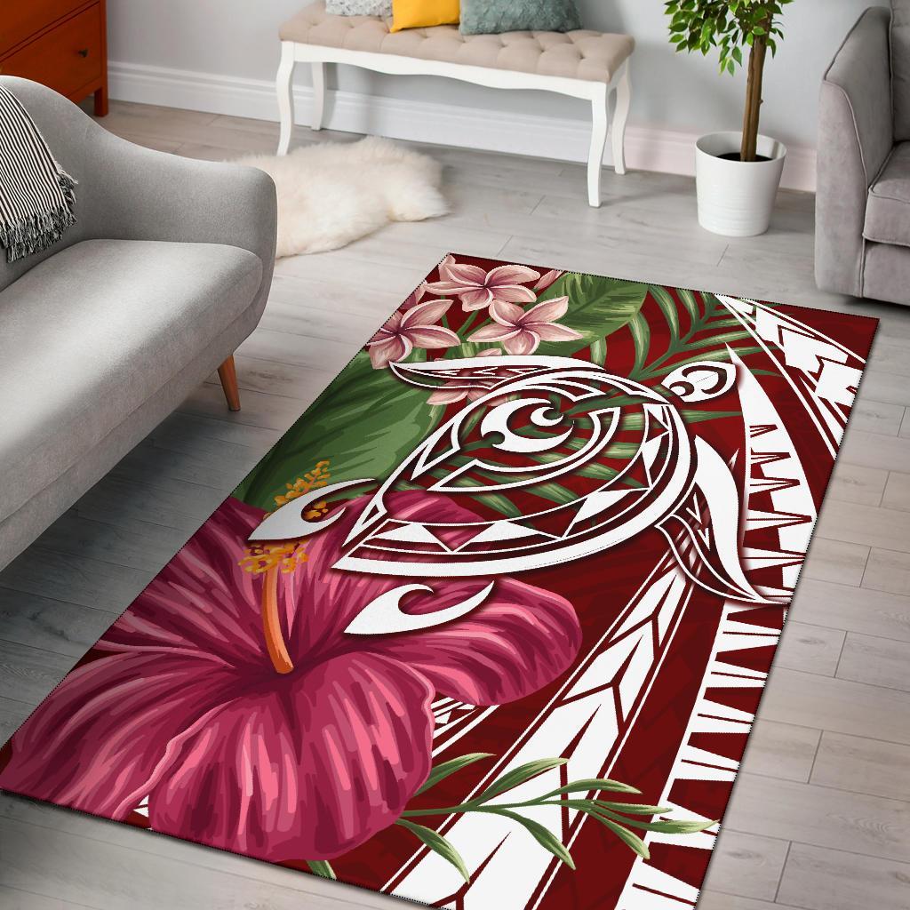 Hawaii Polynesian Turtle Tropical Hibiscus Plumeria Rug - Red Red - Polynesian Pride
