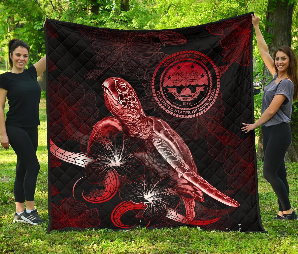 Federated States of Micronesia Polynesian Premium Quilt - Turtle With Blooming Hibiscus Red - Polynesian Pride