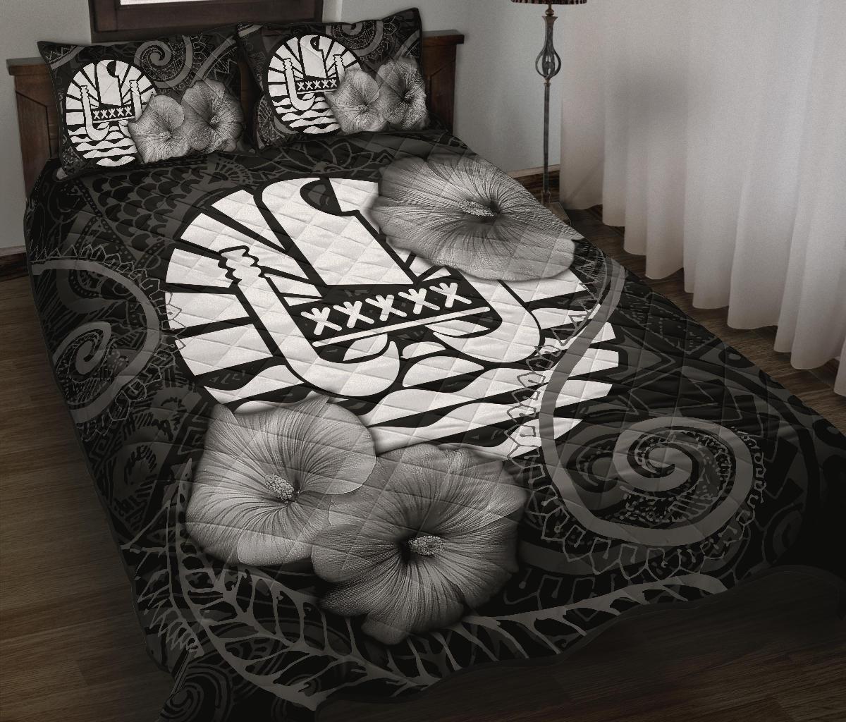 French Polynesia Quilt Bed Set - French Polynesia Flag & Black Hibiscus Black - Polynesian Pride
