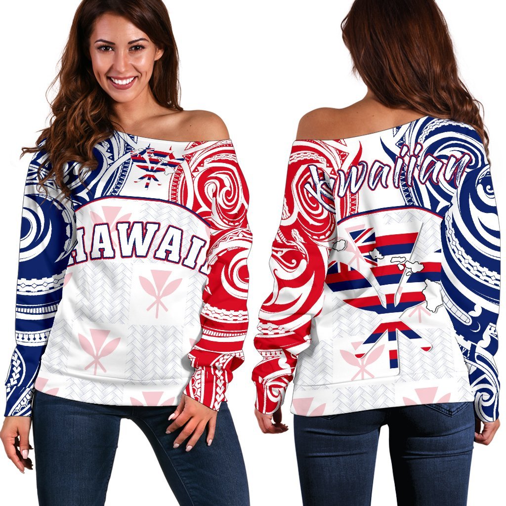 Hawaiian Kanaka Women's Off Shoulder Sweater Flag Nation Demodern White AH White - Polynesian Pride