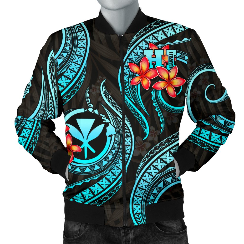 Polynesian Hawaii Men Bomber Jacket - Turquoise Plumeria - Polynesian Pride