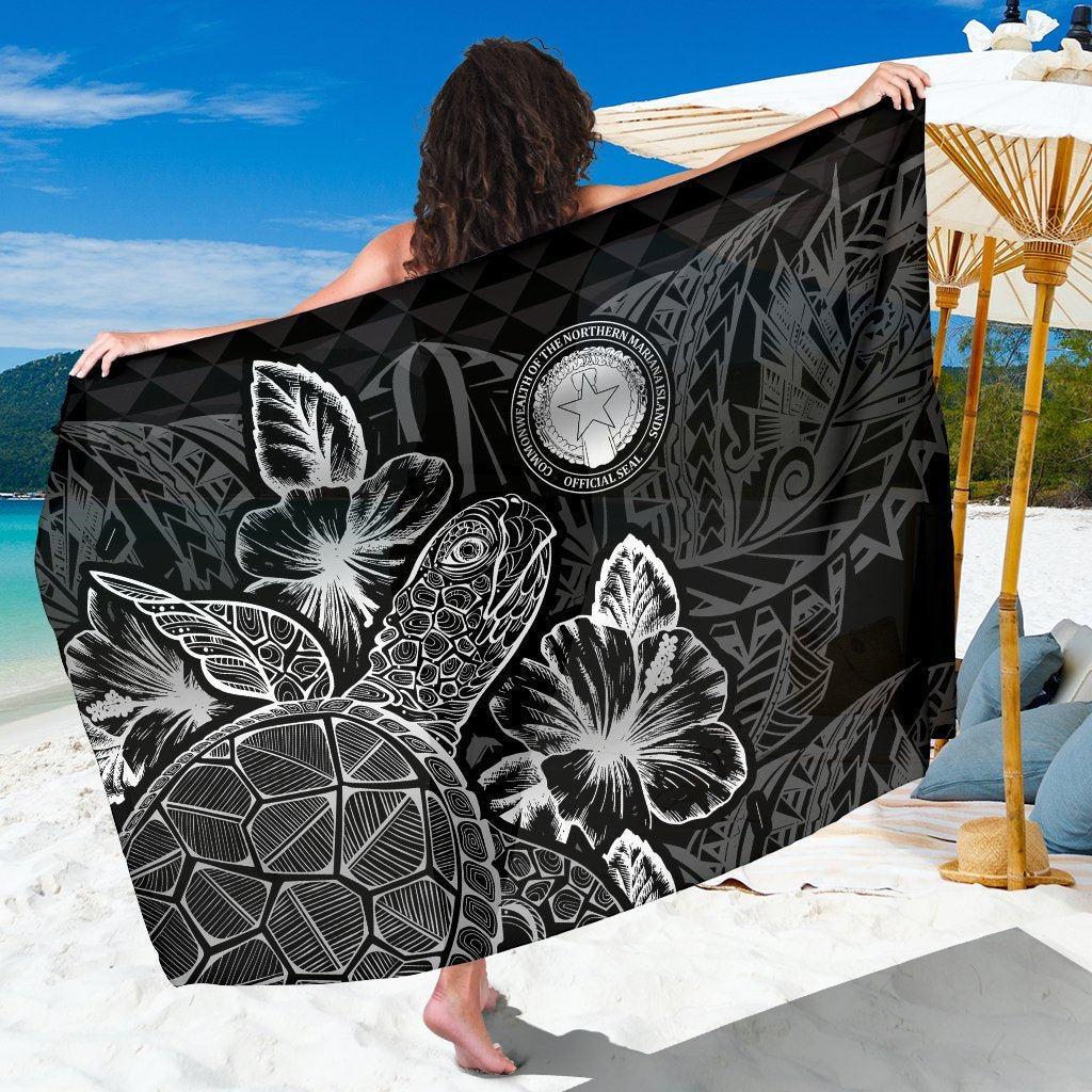 Northern Mariana Islands Sarong - Turtle Hibiscus Pattern Black Women One Size Black - Polynesian Pride