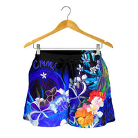 CNMI Women's Shorts - Humpback Whale with Tropical Flowers (Blue) - Polynesian Pride