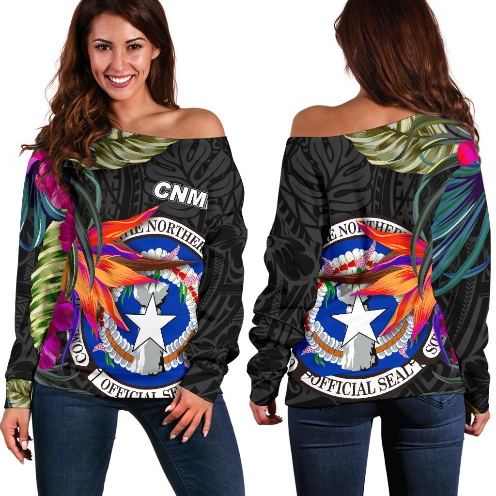 Northern Mariana Islands Shoulder Sweater - Saipan Hibiscus Polynesian Pattern Black - Polynesian Pride
