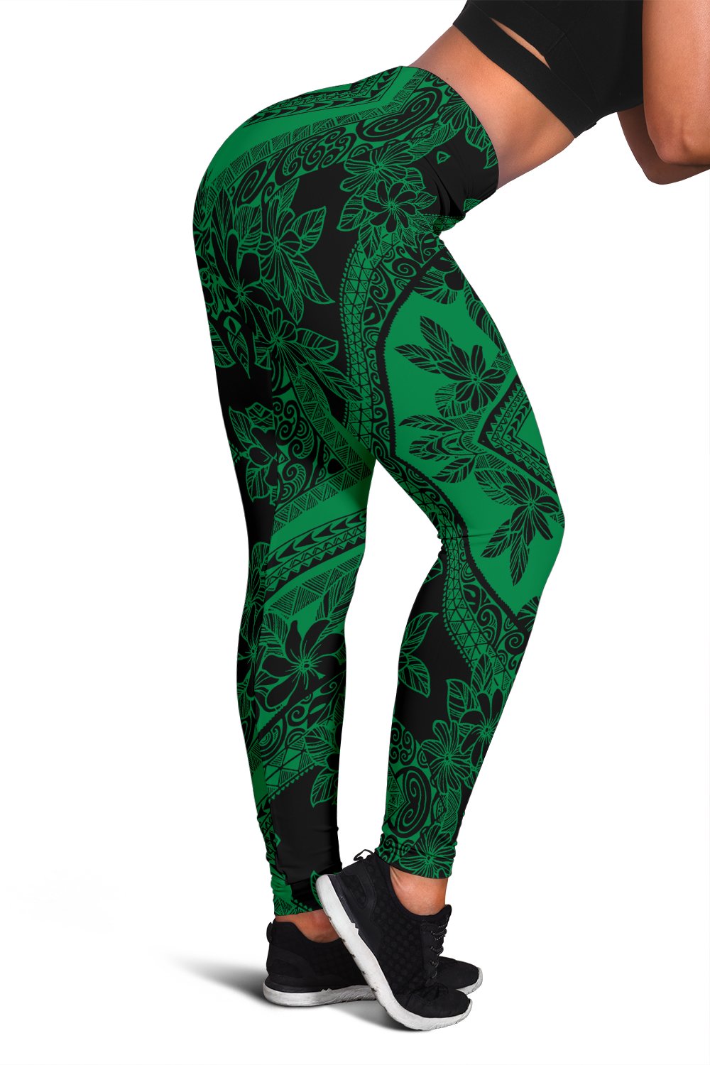 Polynesian Plumeria Mix Green Black Hawaii Women's Leggings AH Art - Polynesian Pride