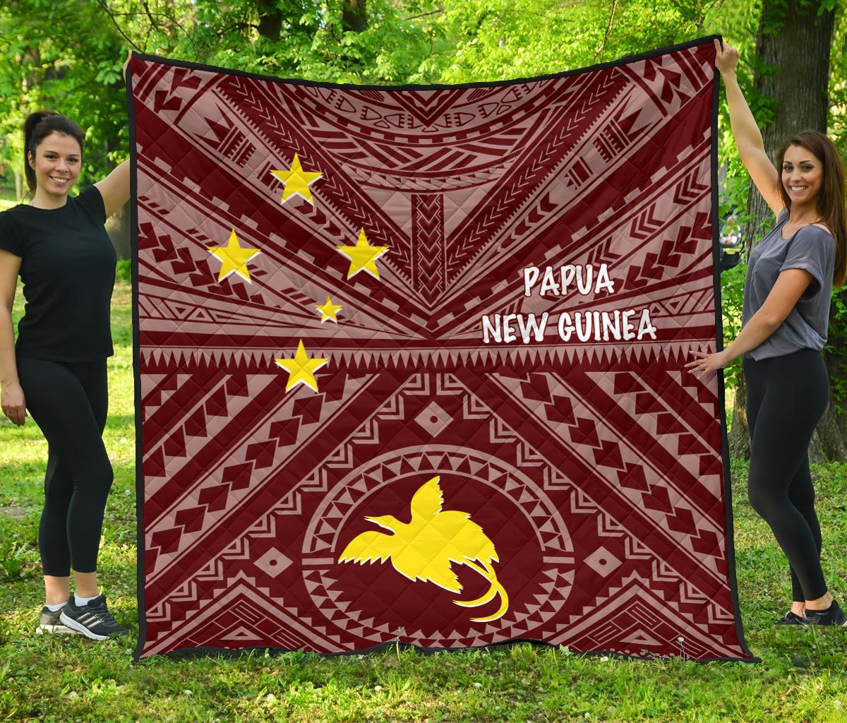 Papua New Guinea Premium Quilt - Flag With Polynesian Patterns (Red) - Polynesian Pride