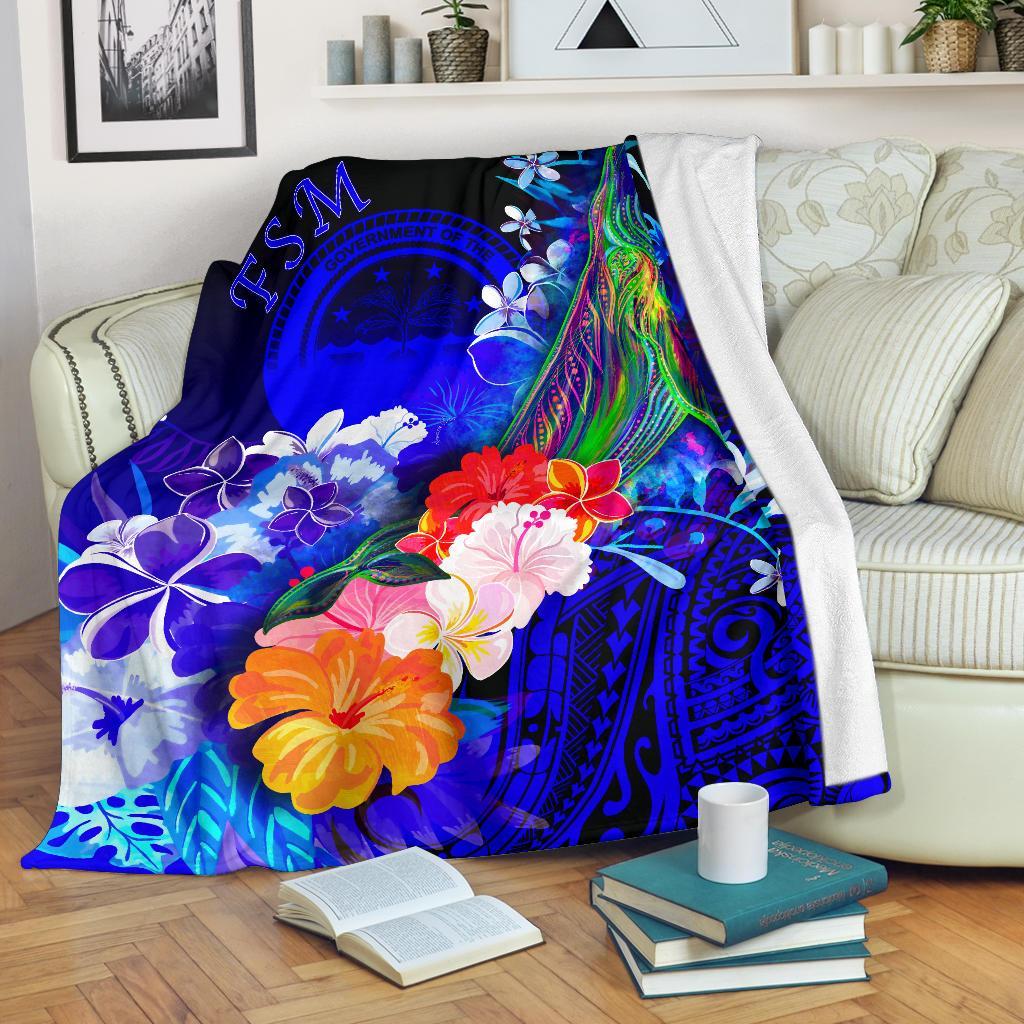 Federated States of Micronesia Premium Blanket - Humpback Whale with Tropical Flowers (Blue) White - Polynesian Pride