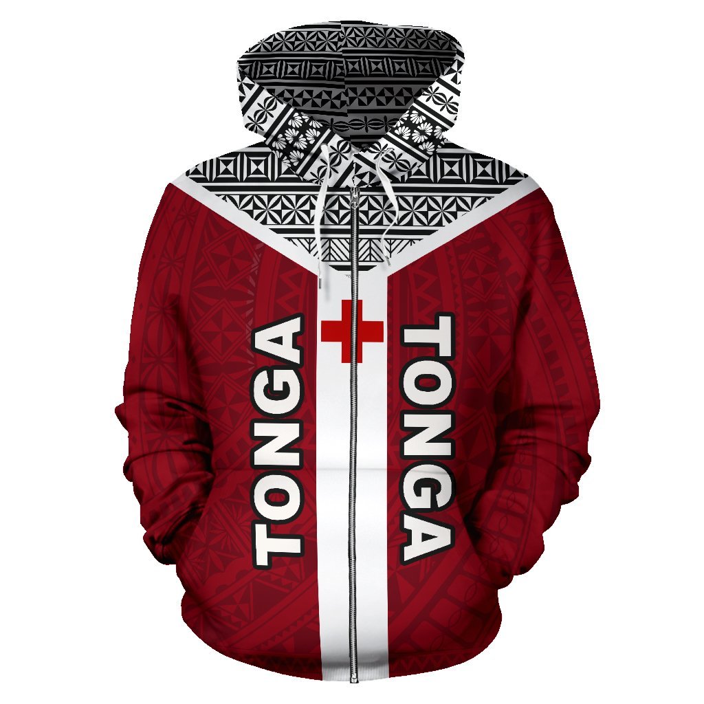 Tonga Tapa Zip Hoodie Tonga Flag Coat of Arms Polynesian Tattoo - Polynesian Pride
