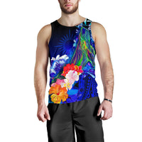 Marshall Islands Men's Tank Top - Humpback Whale with Tropical Flowers (Blue) - Polynesian Pride