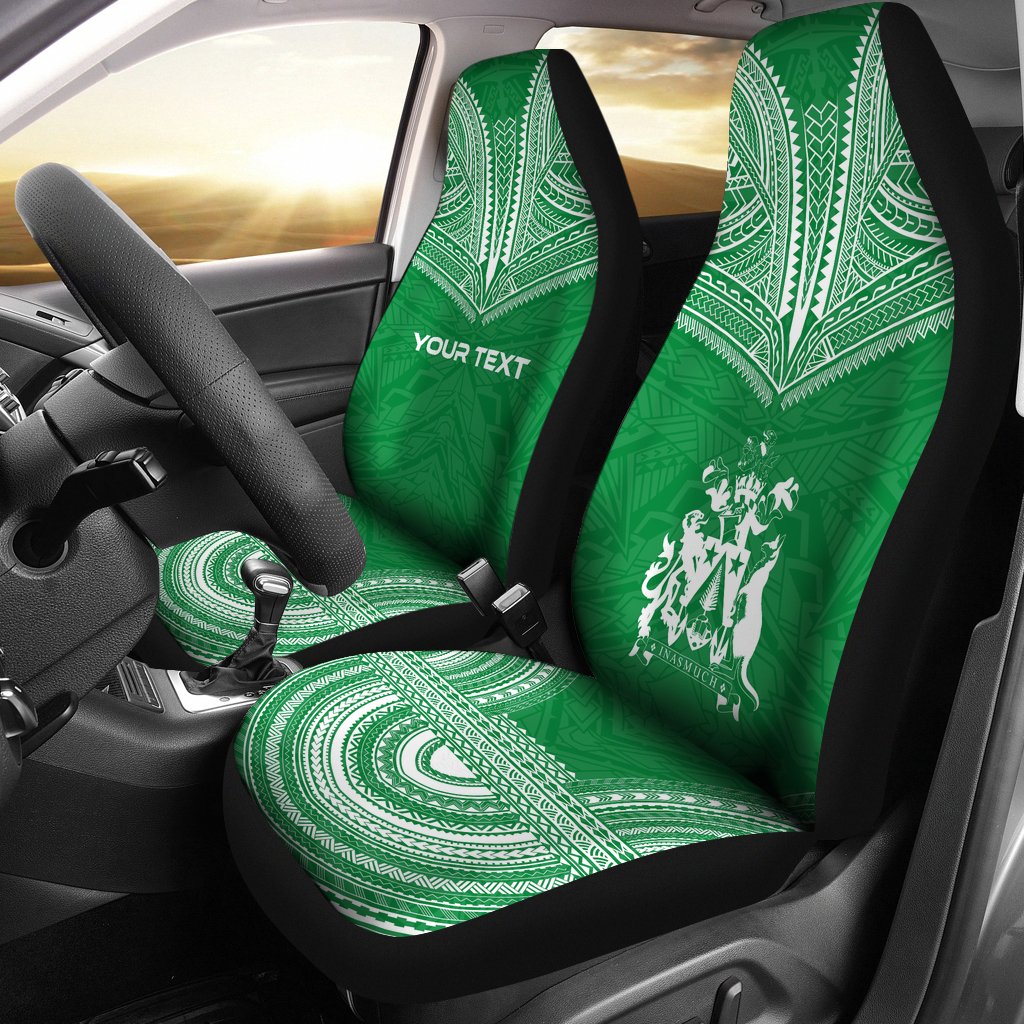 Norfolk Island Custom Personalised Car Seat Cover - Norfolk Island Coat Of Arms Polynesian Chief Tattoo Green Version Universal Fit Green - Polynesian Pride
