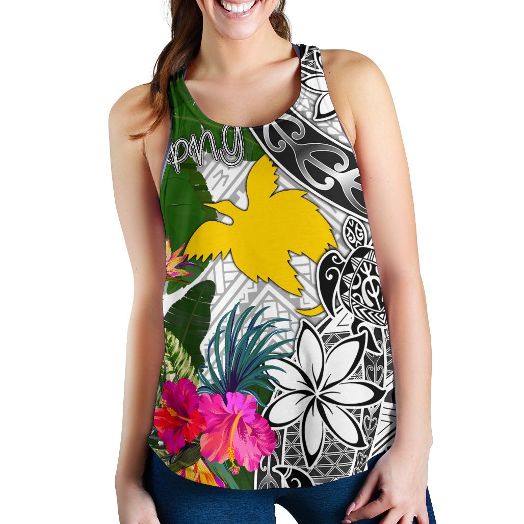 Papua New Guinea Women's Racerback Tank White - Turtle Plumeria Banana Leaf - Polynesian Pride