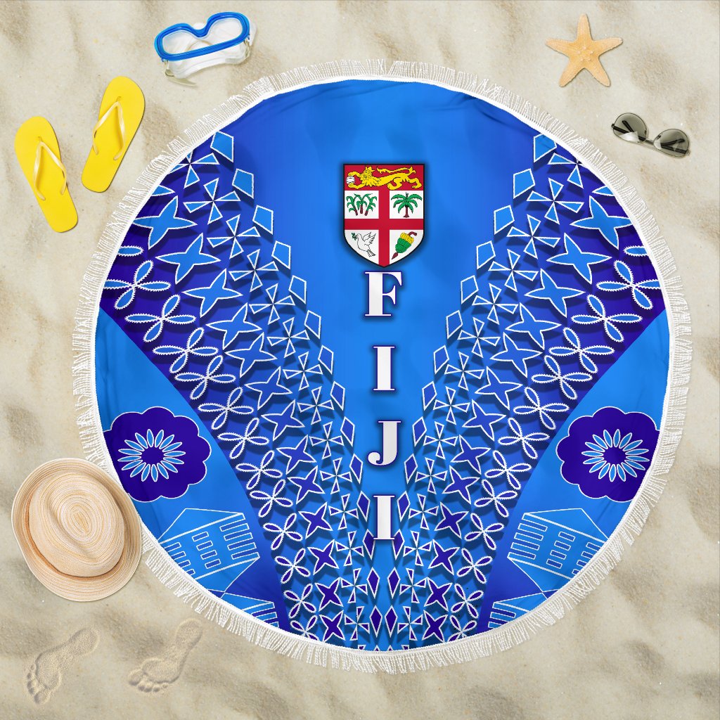 Fiji Drua Beach Blanket Tapa Beach Blanket One Size Blue - Polynesian Pride