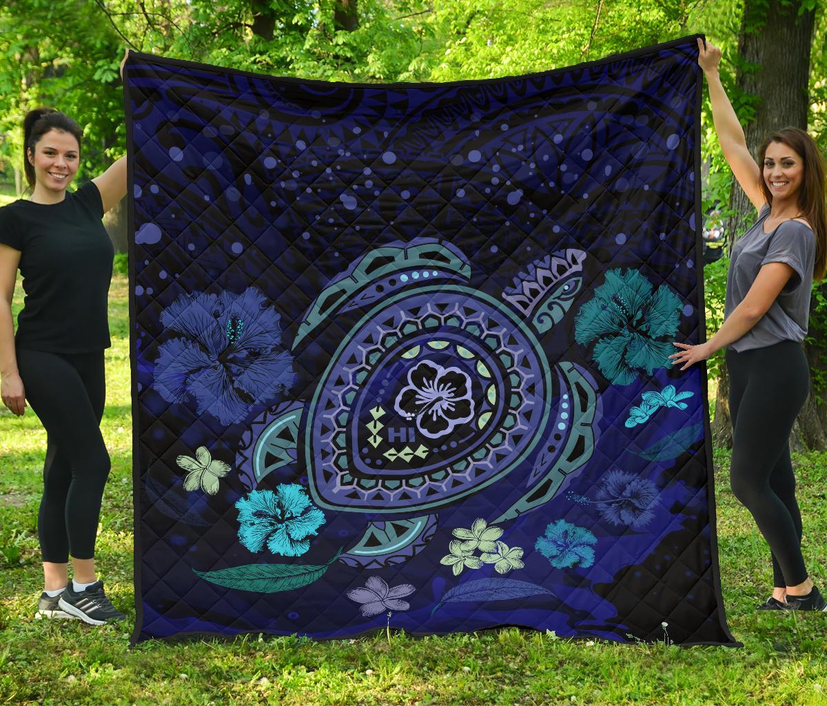 Hawaiian Blue Ocean Honu And Flowers Premium Quilt Blue - Polynesian Pride