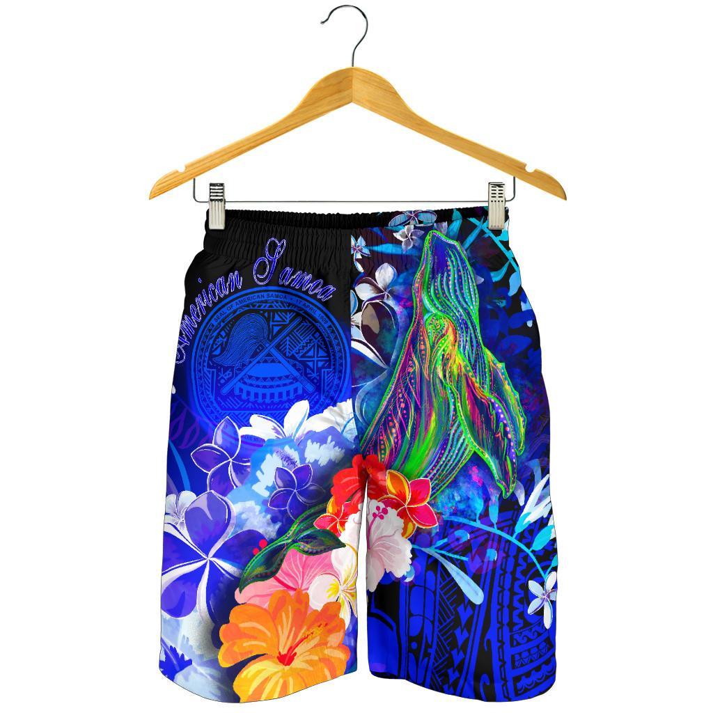 American Samoa Polynesian Men's Shorts - Humpback Whale with Tropical Flowers (Blue) - Polynesian Pride