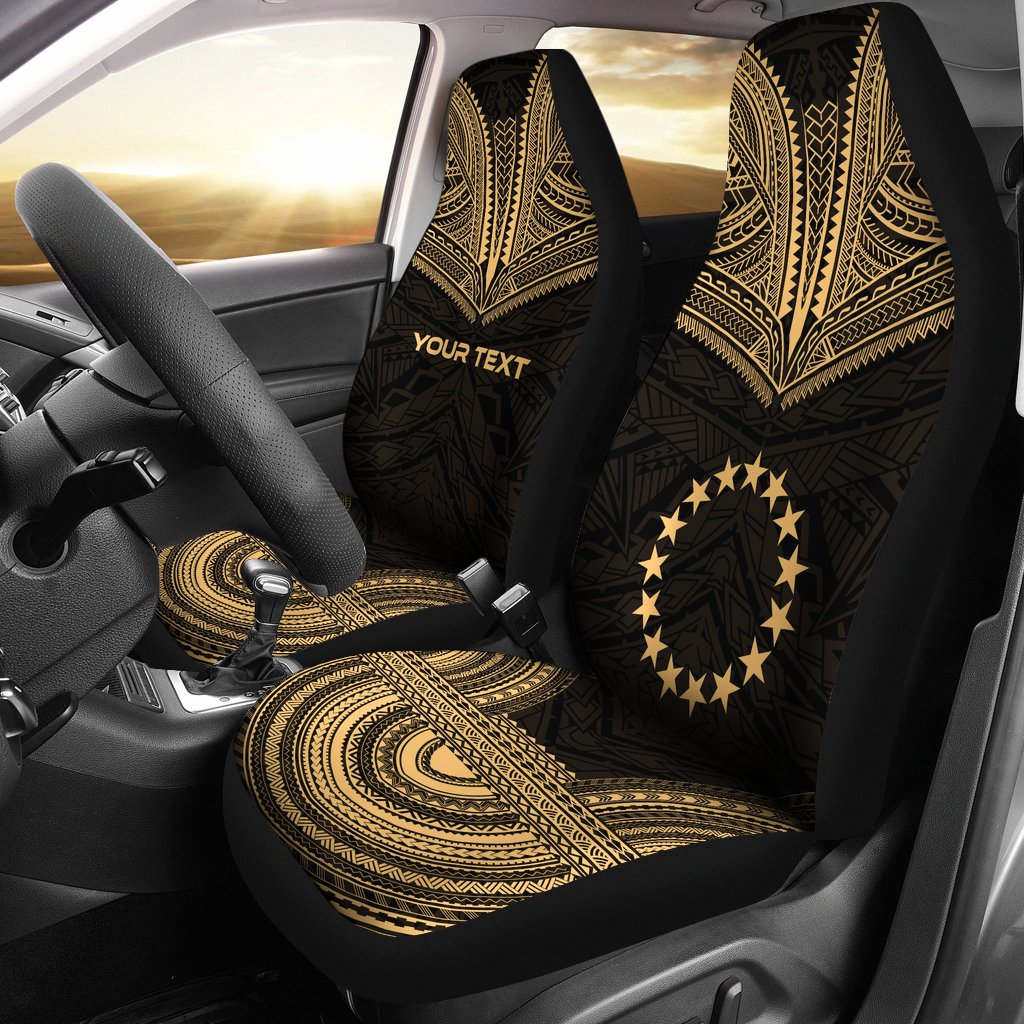 Cook Islands Custom Personalised Car Seat Cover - Cook Islands FLag Polynesian Chief Tattoo Gold Version Universal Fit Gold - Polynesian Pride