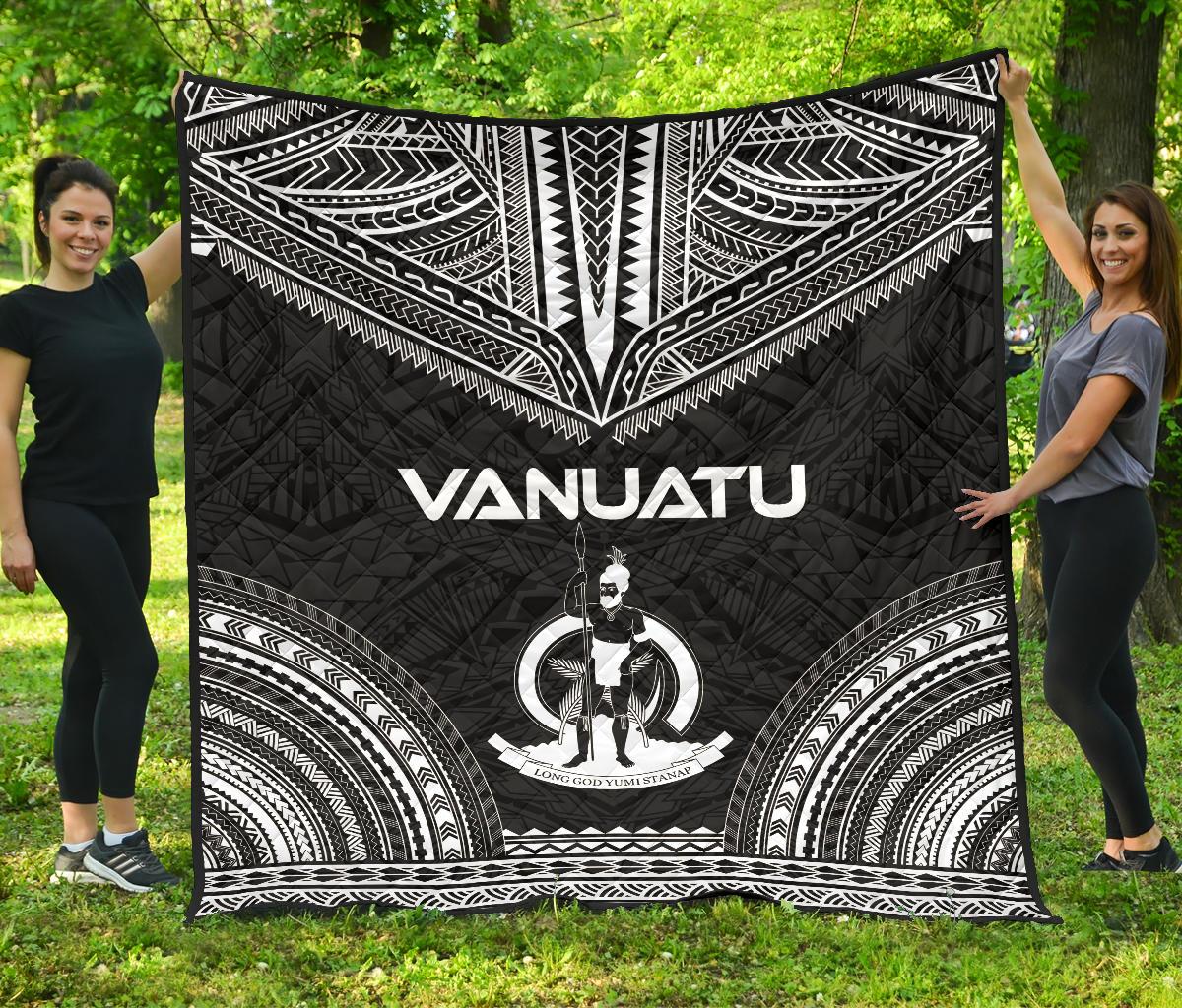 Vanuatu Premium Quilt - Vanuatu Coat Of Arms Polynesian Chief Black Version Black - Polynesian Pride