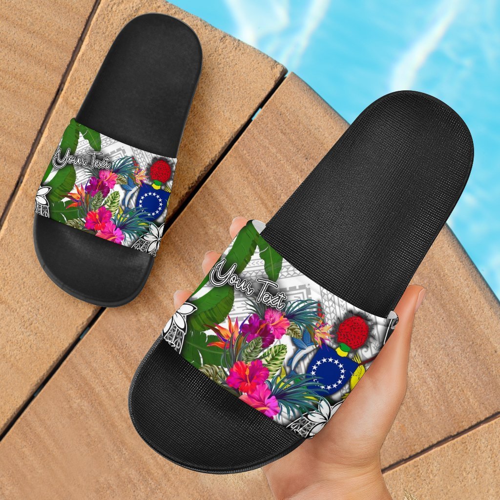 Cook Islands Custom Personalised Slide Sandals White - Turtle Plumeria Banana Leaf Black - Polynesian Pride