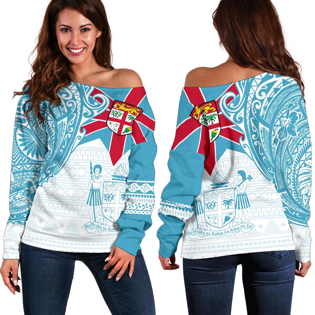 Fiji Polynesian Off Shoulder Sweater - Fiji Flag with Coat of Arms Blue - Polynesian Pride