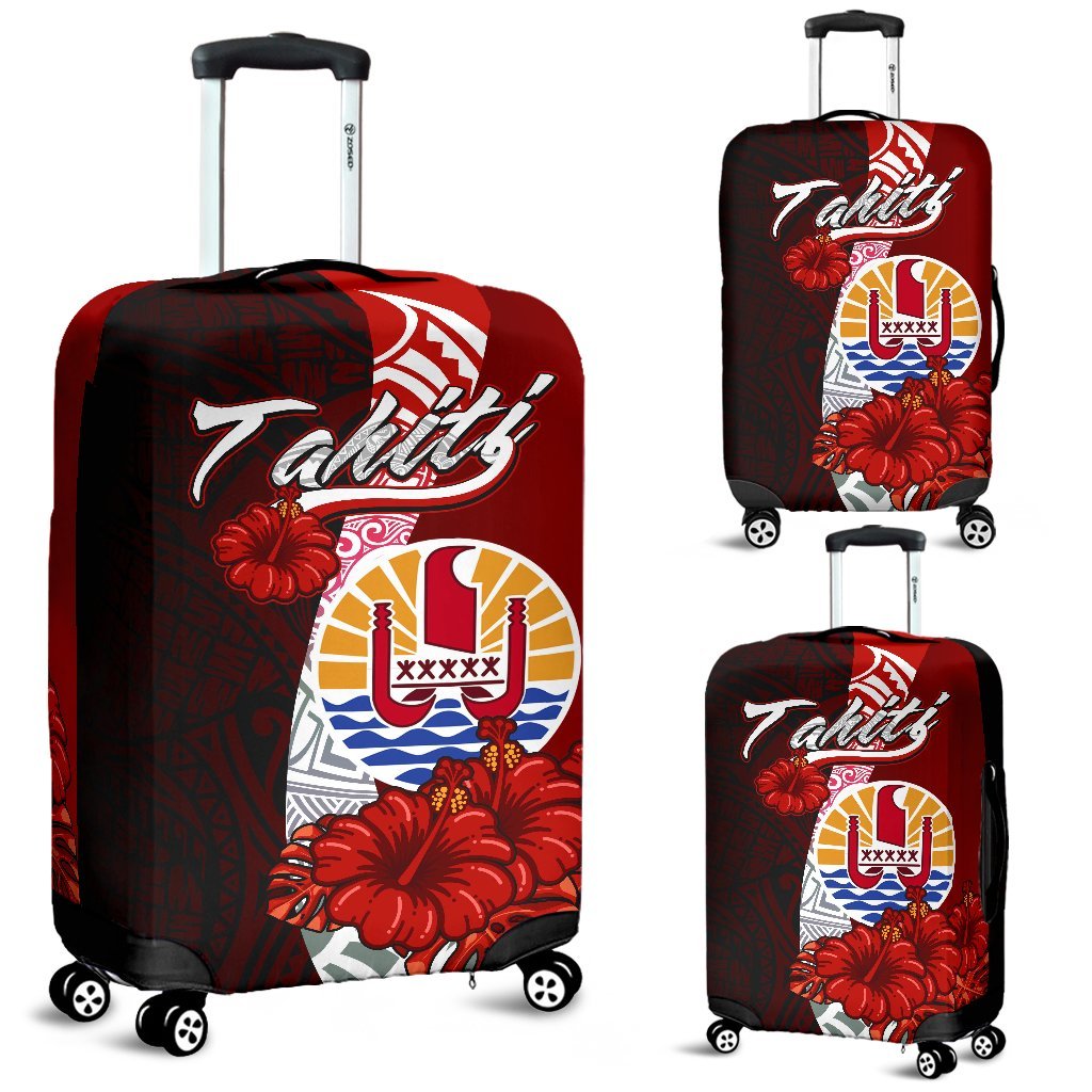 Tahiti Polynesian Luggage Covers - Coat Of Arm With Hibiscus Red - Polynesian Pride