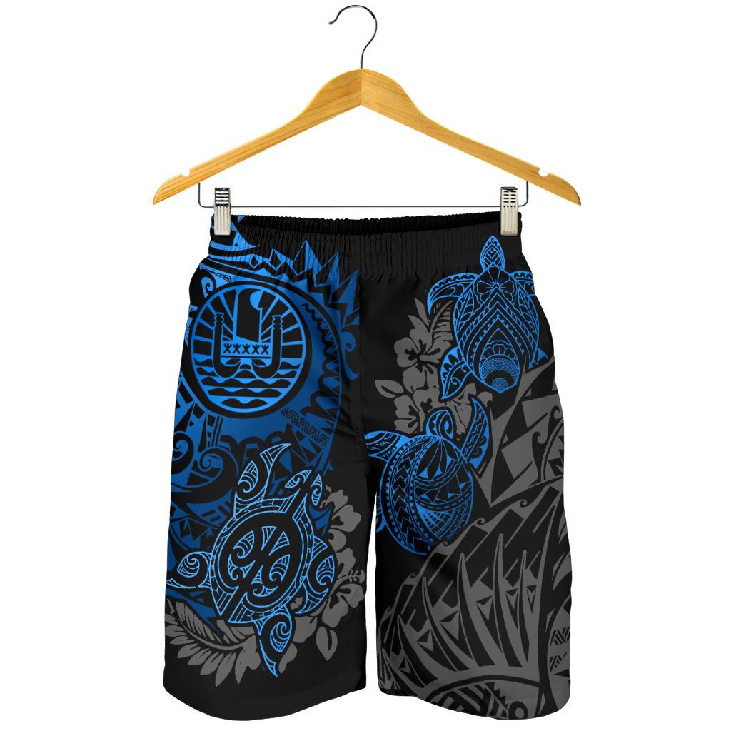 Tahiti Polynesian Men Shorts - Blue Turtle Hibiscus Flowing - Polynesian Pride