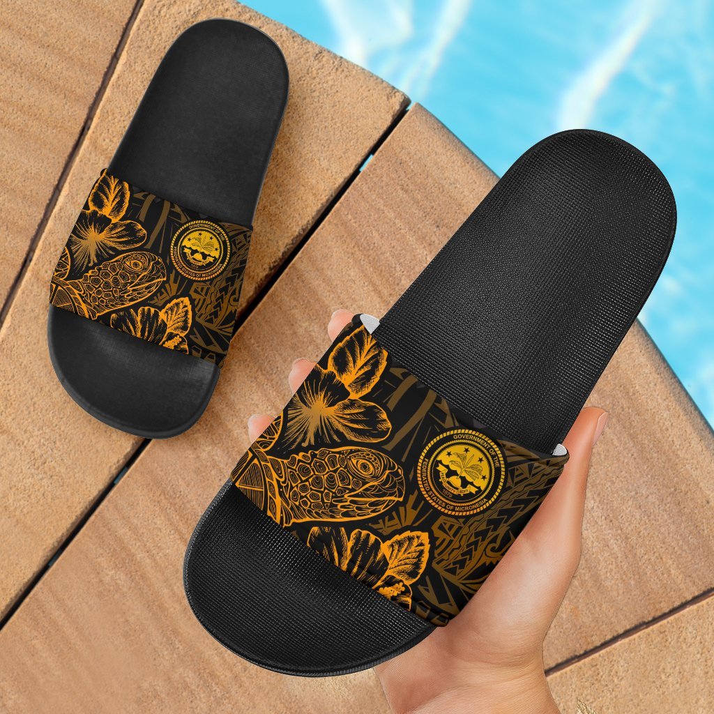 Federated States Of Micronesia Slide Sandals - Turtle Hibiscus Pattern Gold Black - Polynesian Pride