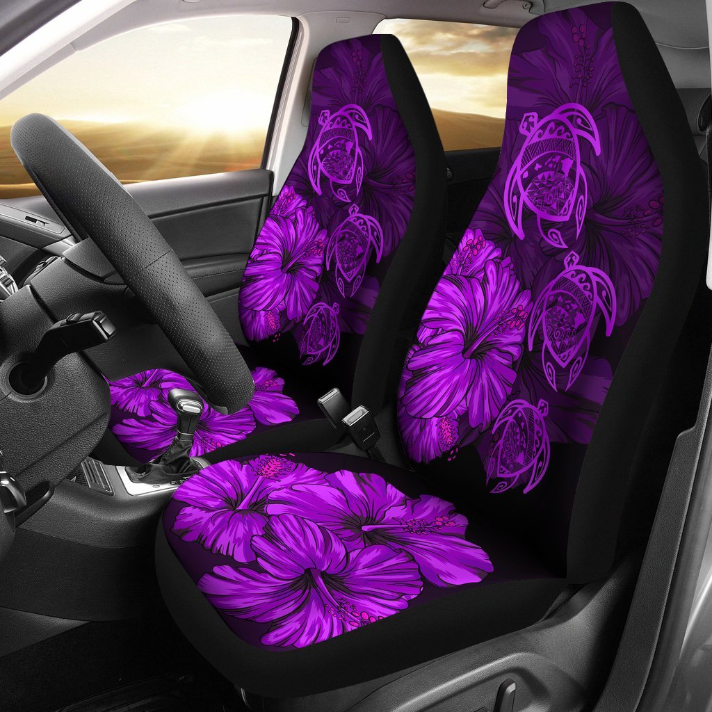 Hawaiian Map Turtle Hibiscus Purple Vintage Polynesian Car Seat Covers - Polynesian Pride