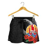 Tahiti Polynesian Women Shorts - Hibiscus Coat of Arm Black - Polynesian Pride