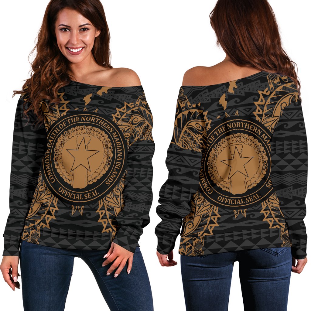 Northern Mariana Islands Polynesian Shoulder Sweater Map Gold Gold - Polynesian Pride