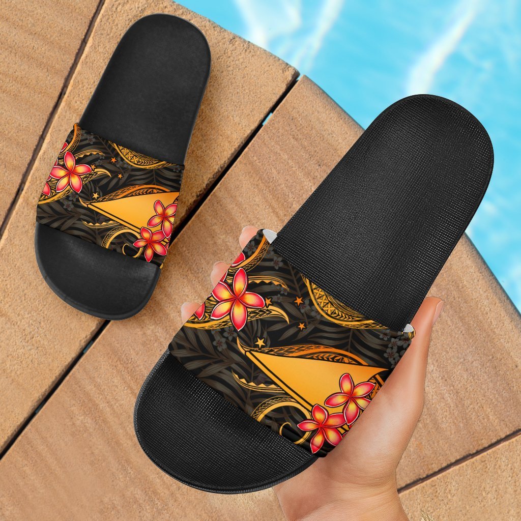 Tokelau Slide Sandals - Gold Plumeria Black - Polynesian Pride