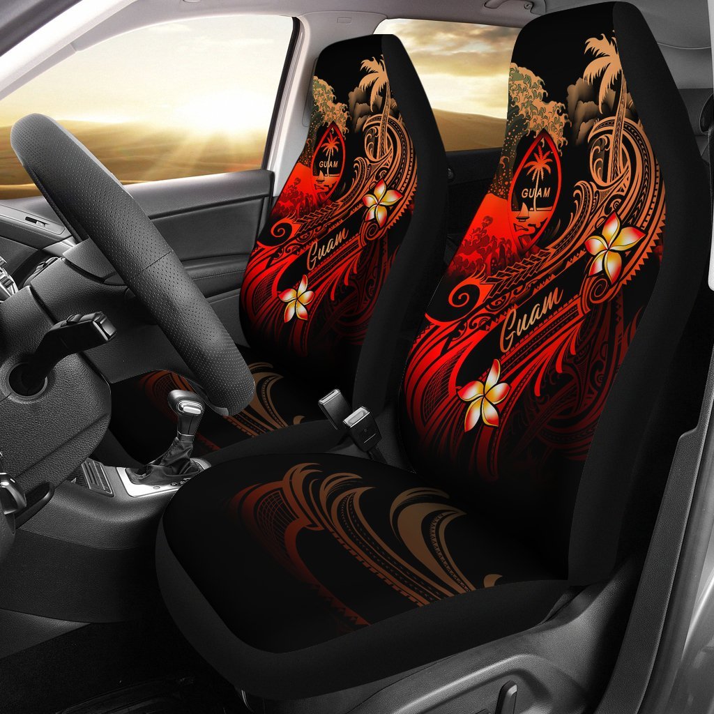 Guam Polynesian Car Seat Covers - Plumeria Flowers And Waves Universal Fit Red - Polynesian Pride