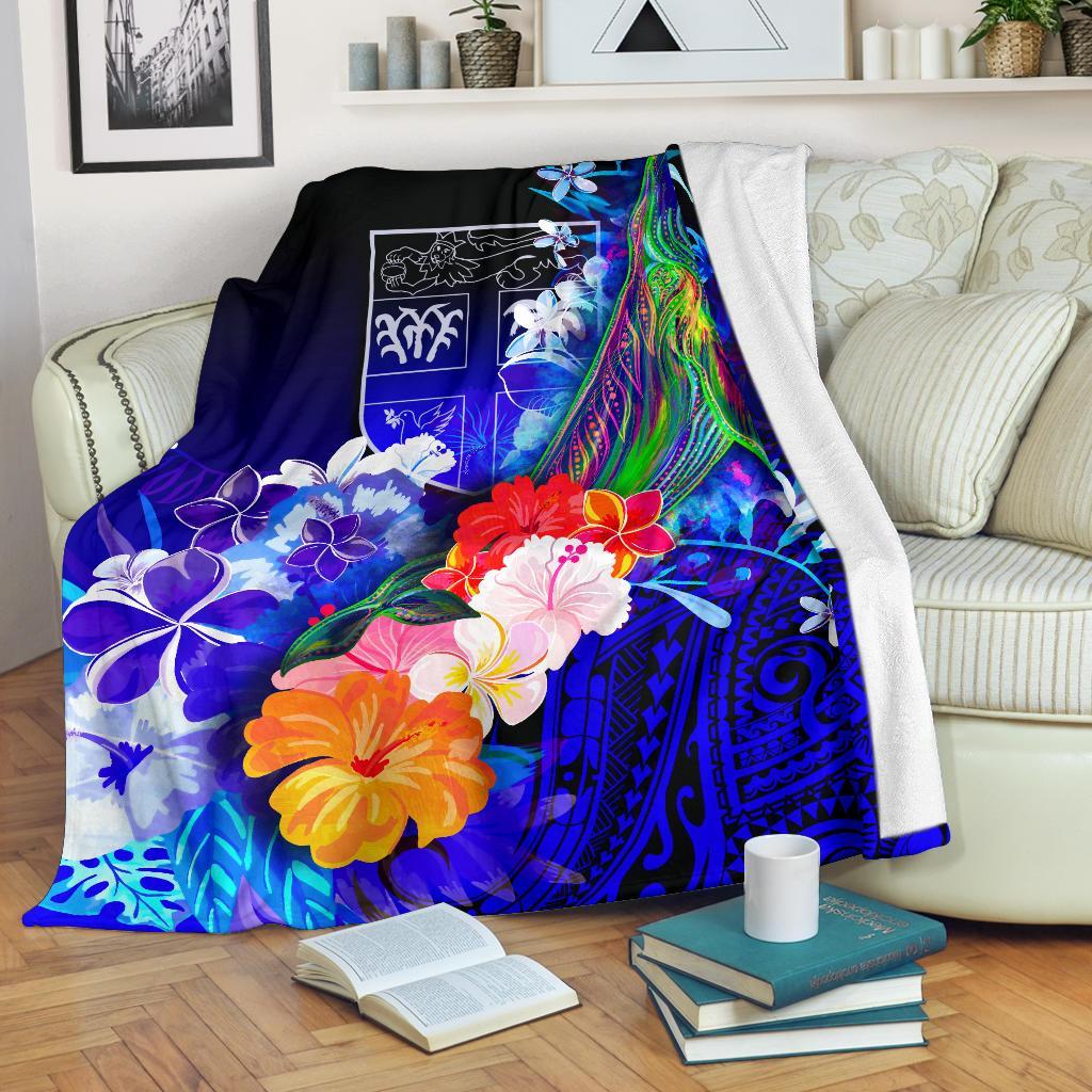 Fiji Premium Blanket - Humpback Whale with Tropical Flowers (Blue) White - Polynesian Pride