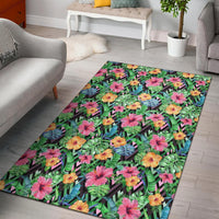 Tropical Hibiscus Banana Leafs Rug Black - Polynesian Pride