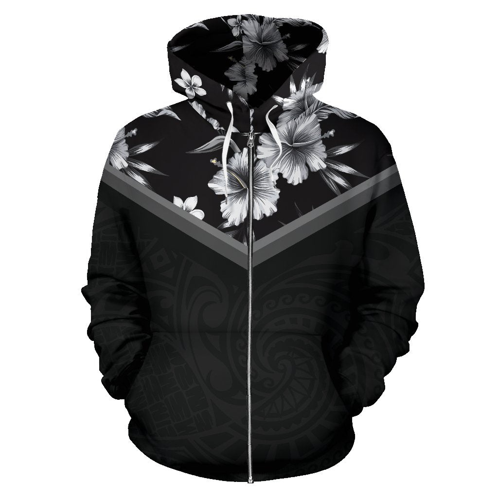 Hawaii Vintage Pattern Zip up Hoodie Black and White Hibiscus - Polynesian Pride