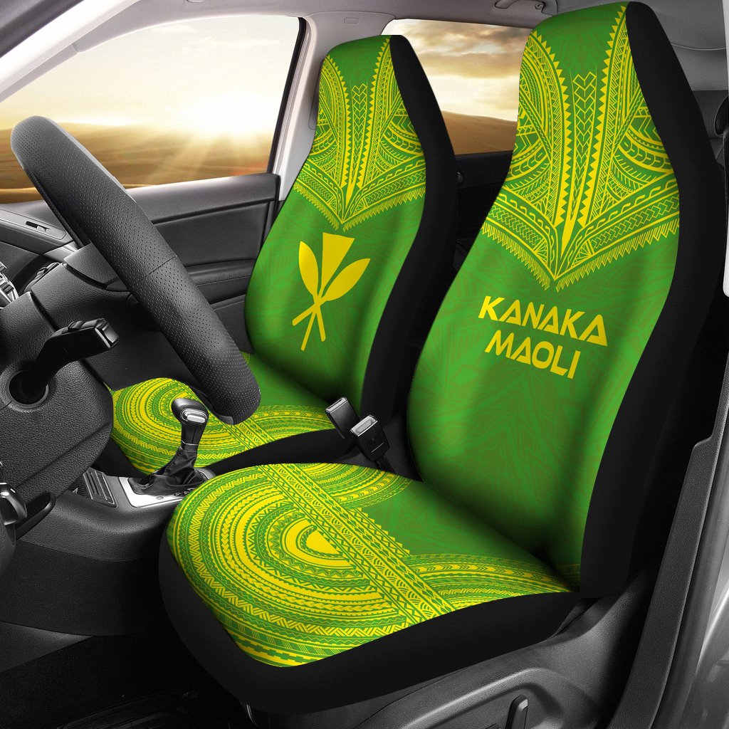 Hawaii Car Seat Cover - Kanaka Maoli Polynesian Chief Tattoo Green Version Universal Fit Green - Polynesian Pride