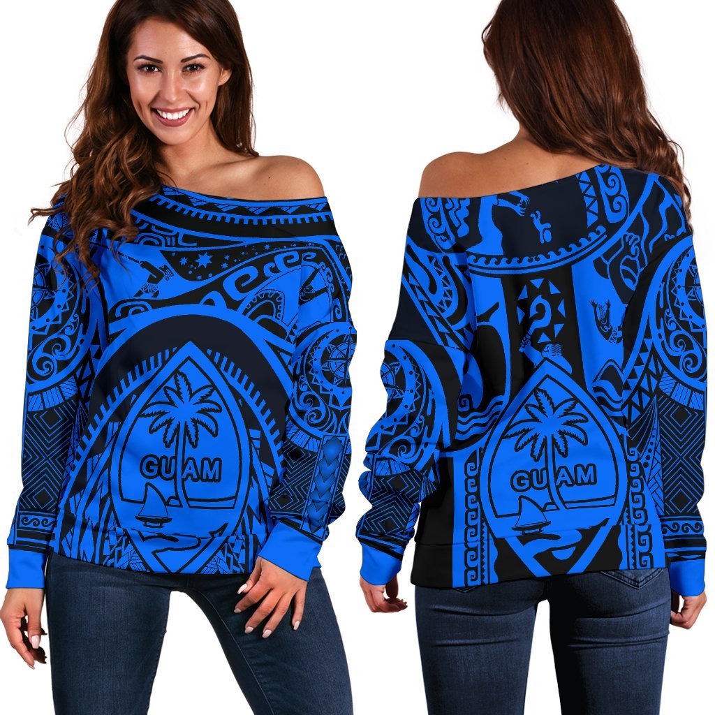 Polynesian Off Shoulder Sweaters - Guam Flag, Seal with Maui Moana Tattoo - Polynesian Pride