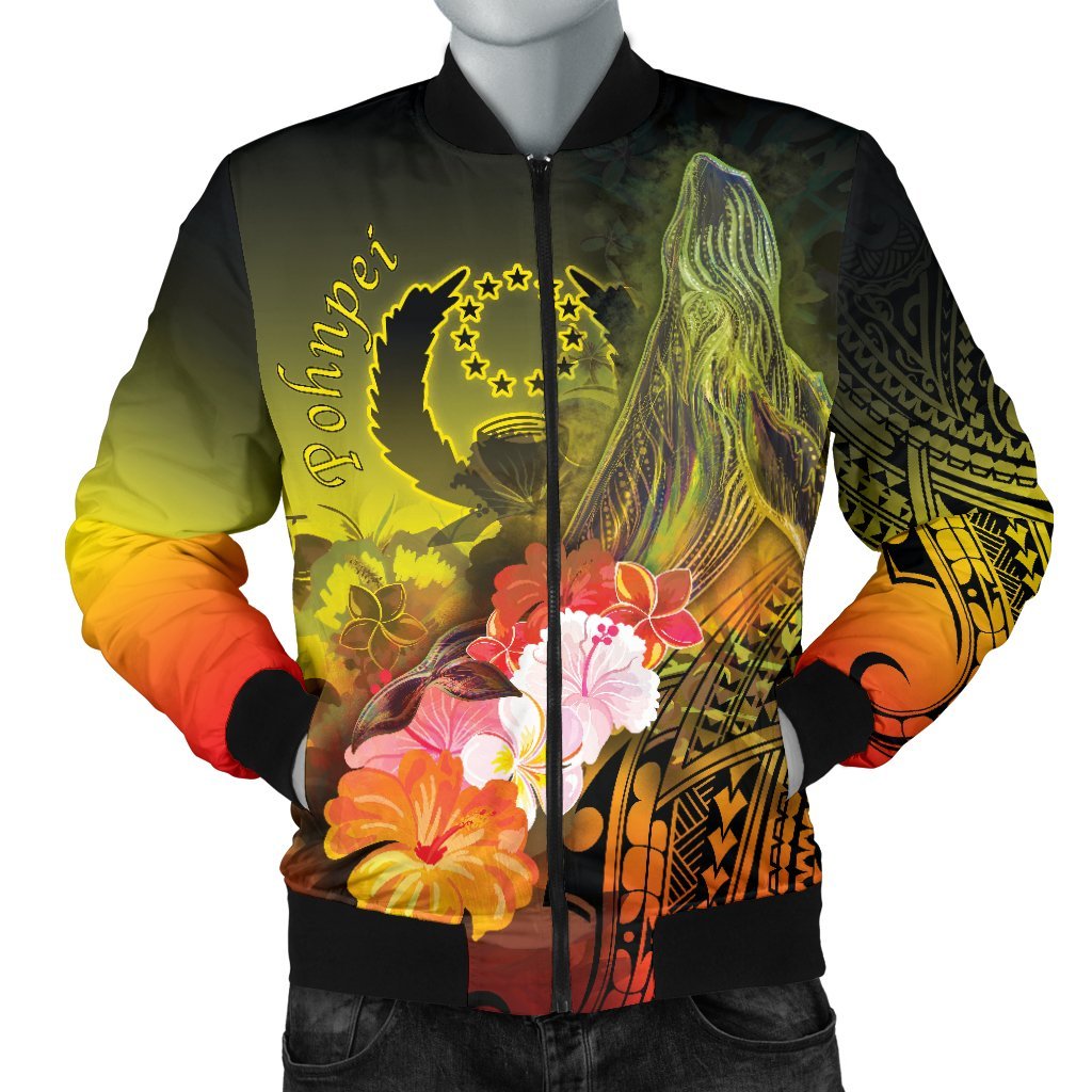 Pohnpei Men's Bomber Jacket - Humpback Whale with Tropical Flowers (Yellow) Yellow - Polynesian Pride