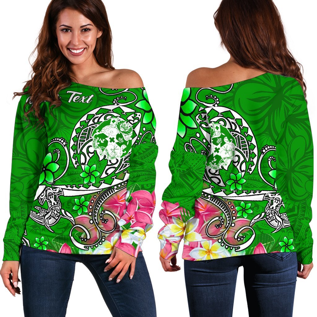 Tonga Custom Personalised Women's Off Shoulder Sweater - Turtle Plumeria (Green) Green - Polynesian Pride